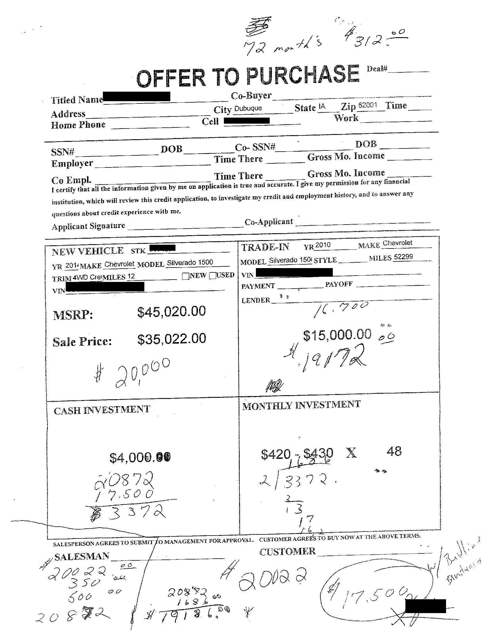 Real marked up four square car worksheet showing crossed out numbers